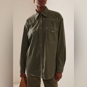 NWT TWP Dutton Oversized Stretch Cotton Poplin Western Shirt Olive Green Sz XS S